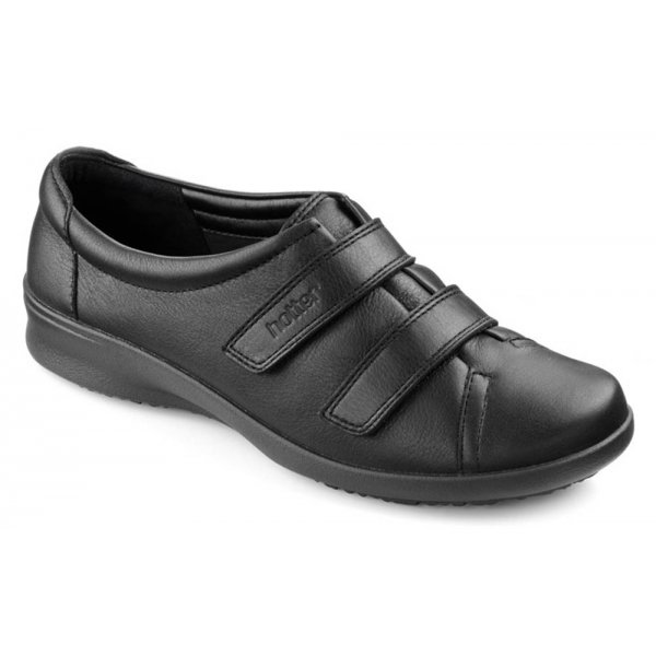 Hotter Womens Leap Extra Wide Jet Black Leather Velcro Shoes 5773