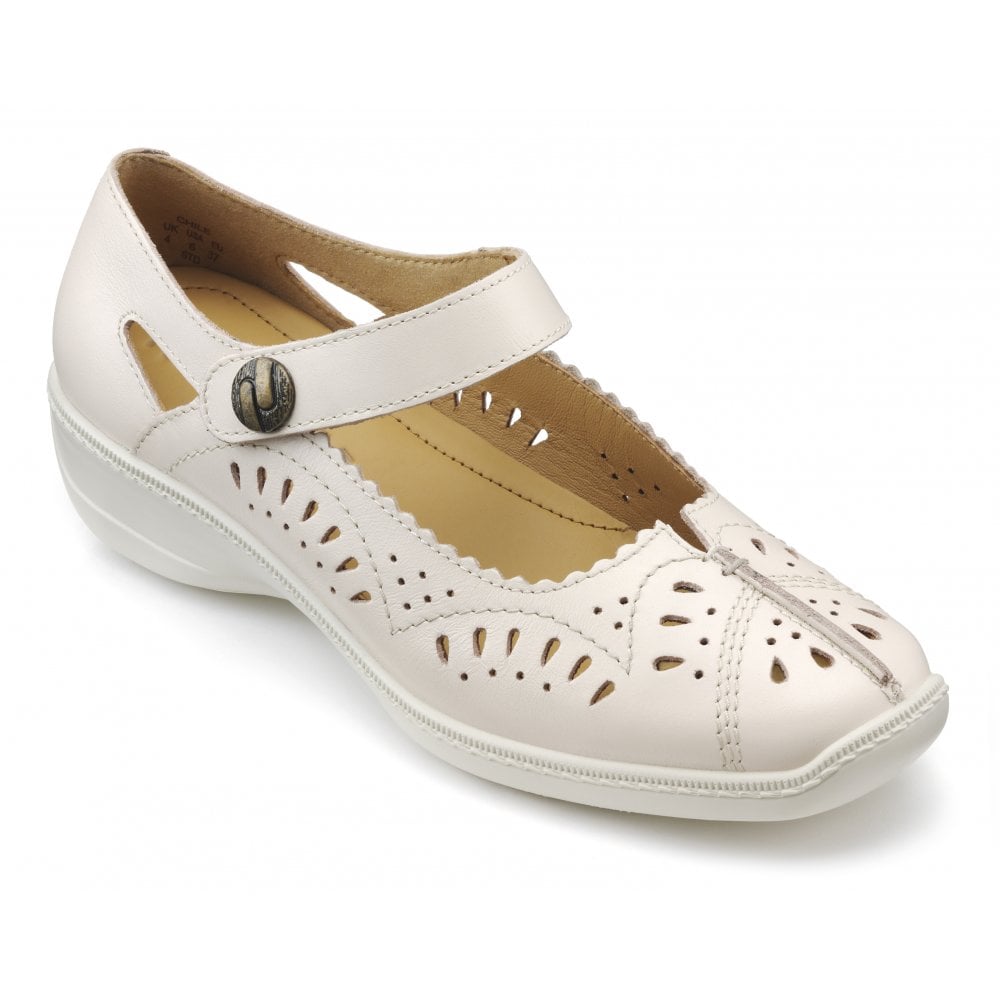 Hotter Womens Chile Wide Soft Beige Leather Mary Jane Velcro Shoes 8592