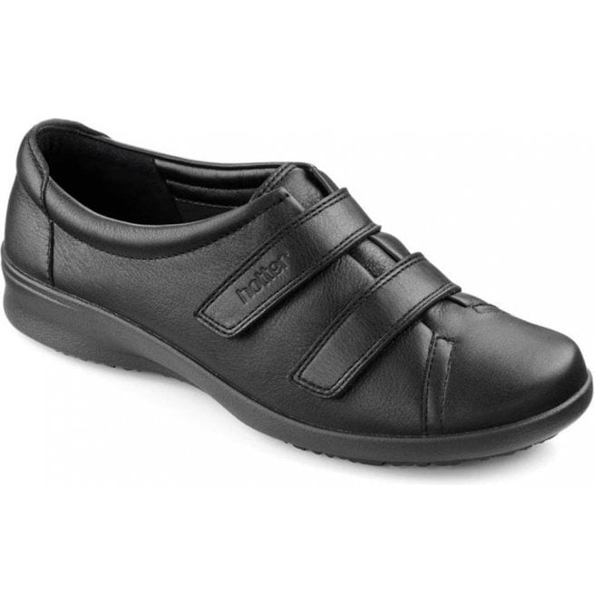 Hotter Womens Leap Wide Jet Black Leather Velcro Shoes 4357